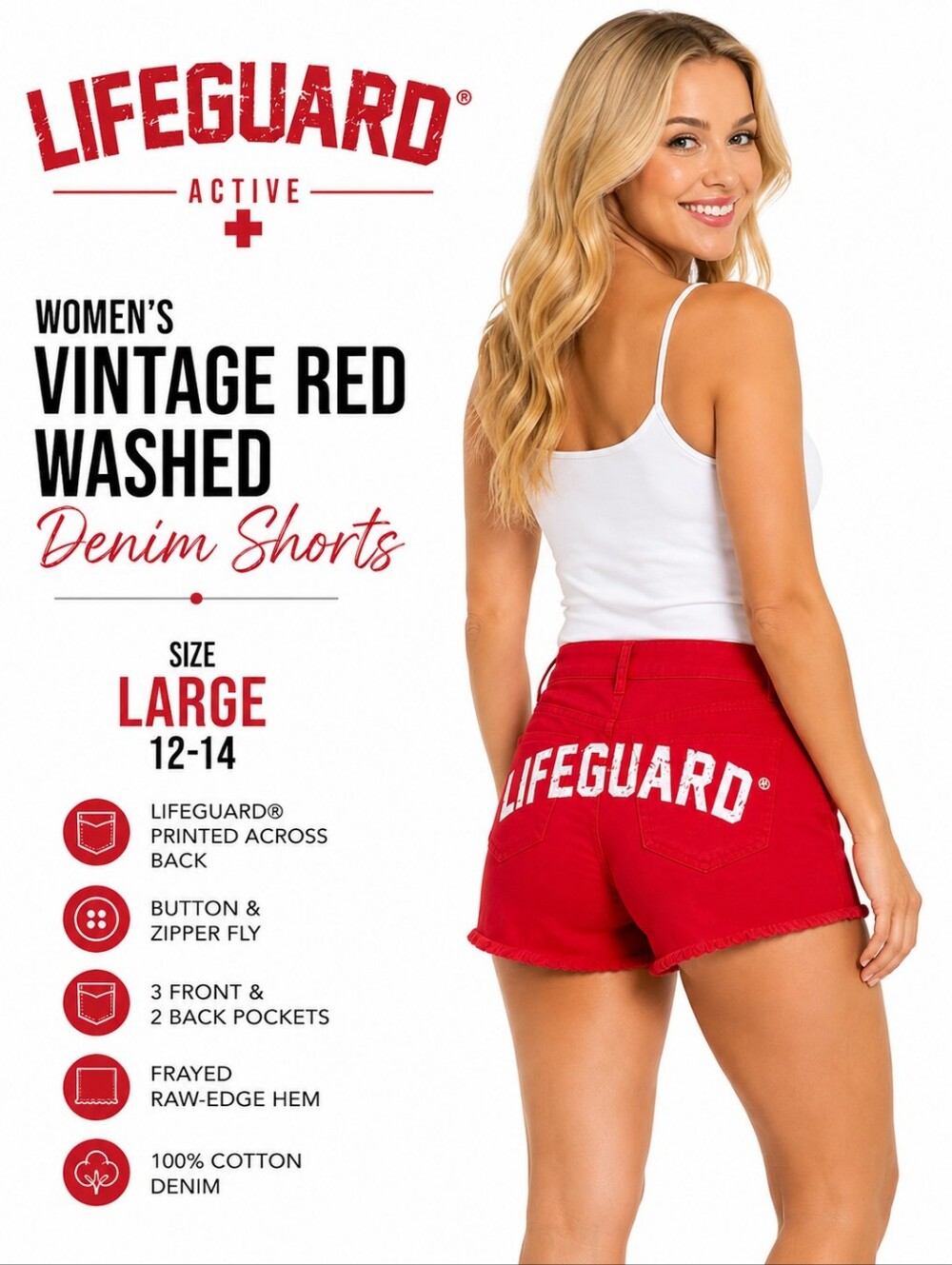 LIFEGUARD Active Women's Vintage Red Washed Denim Shorts Size Large 12-14